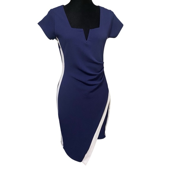 Crave Fame Navy Faux Wrap Bodycon Dress Cocktail Party Size Large - Picture 2 of 6
